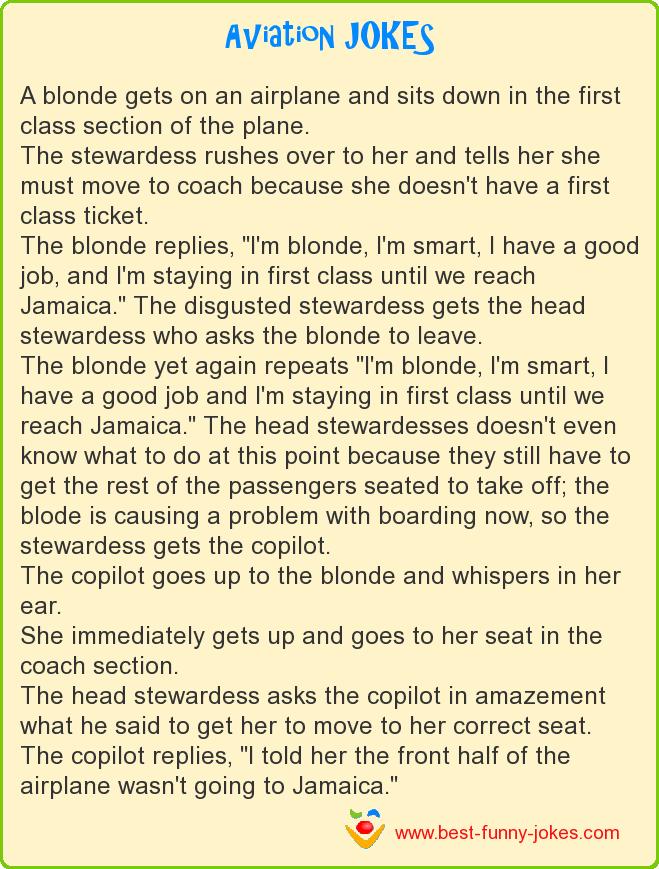 A blonde gets on an airplane a